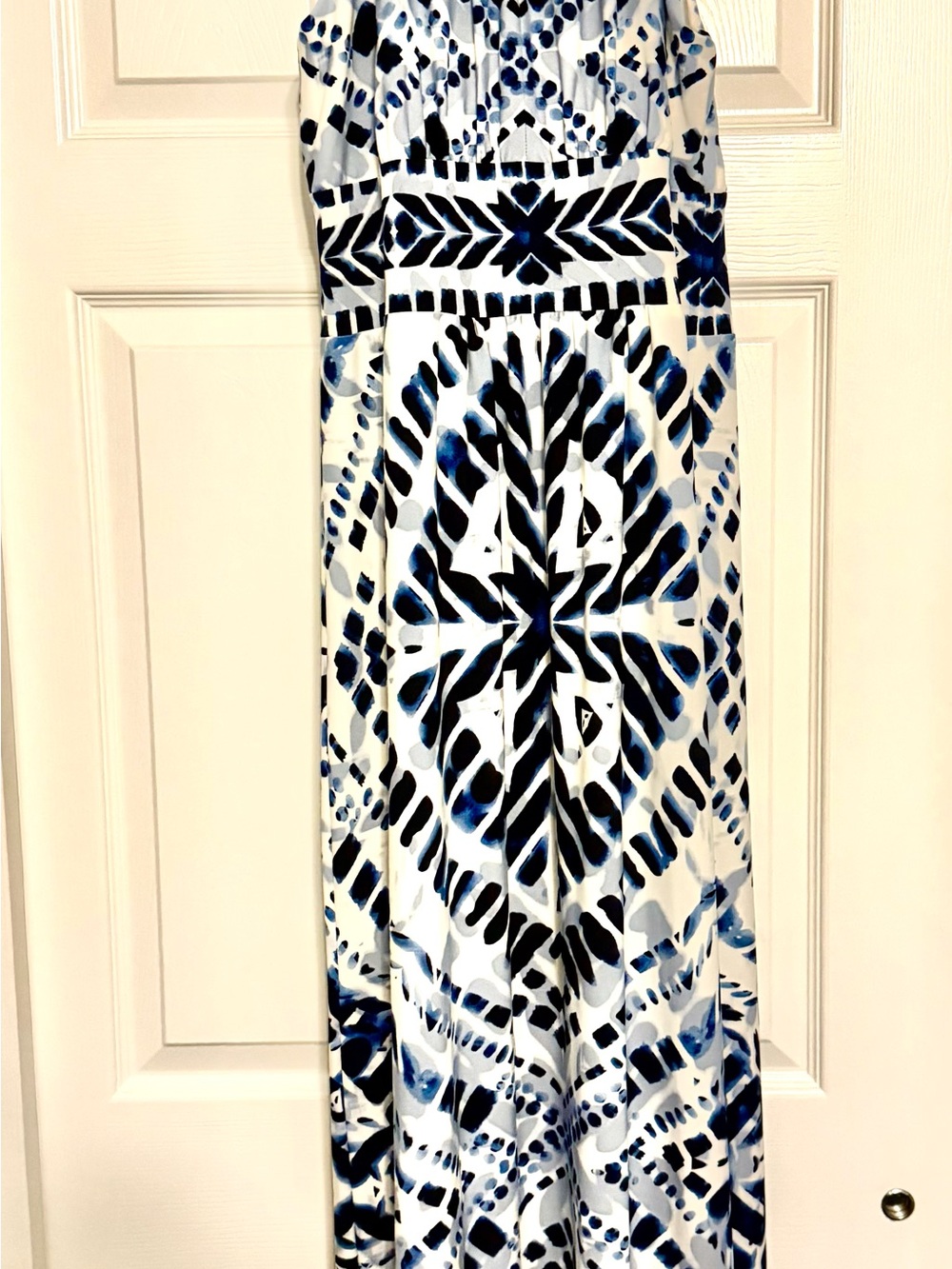 Chicos size 1, White halter style Maxi Dress with Blue Geometric Print